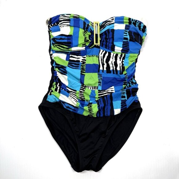 La Blanca Swimsuit Strapless Vibrant One Piece Pool Beach Blue Green Bright sz 6 - Picture 7 of 7